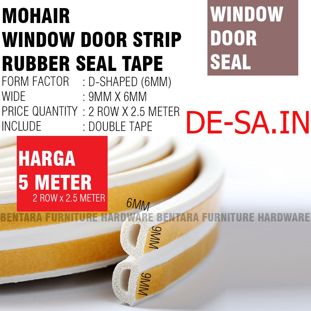 5 METER TIPE-D Moher Window Door Seal Strip PUTIH WHITE Mohair Karet Double Tape Self Adhesive Celah Pintu Jendela EPDM FOAM RUBBER