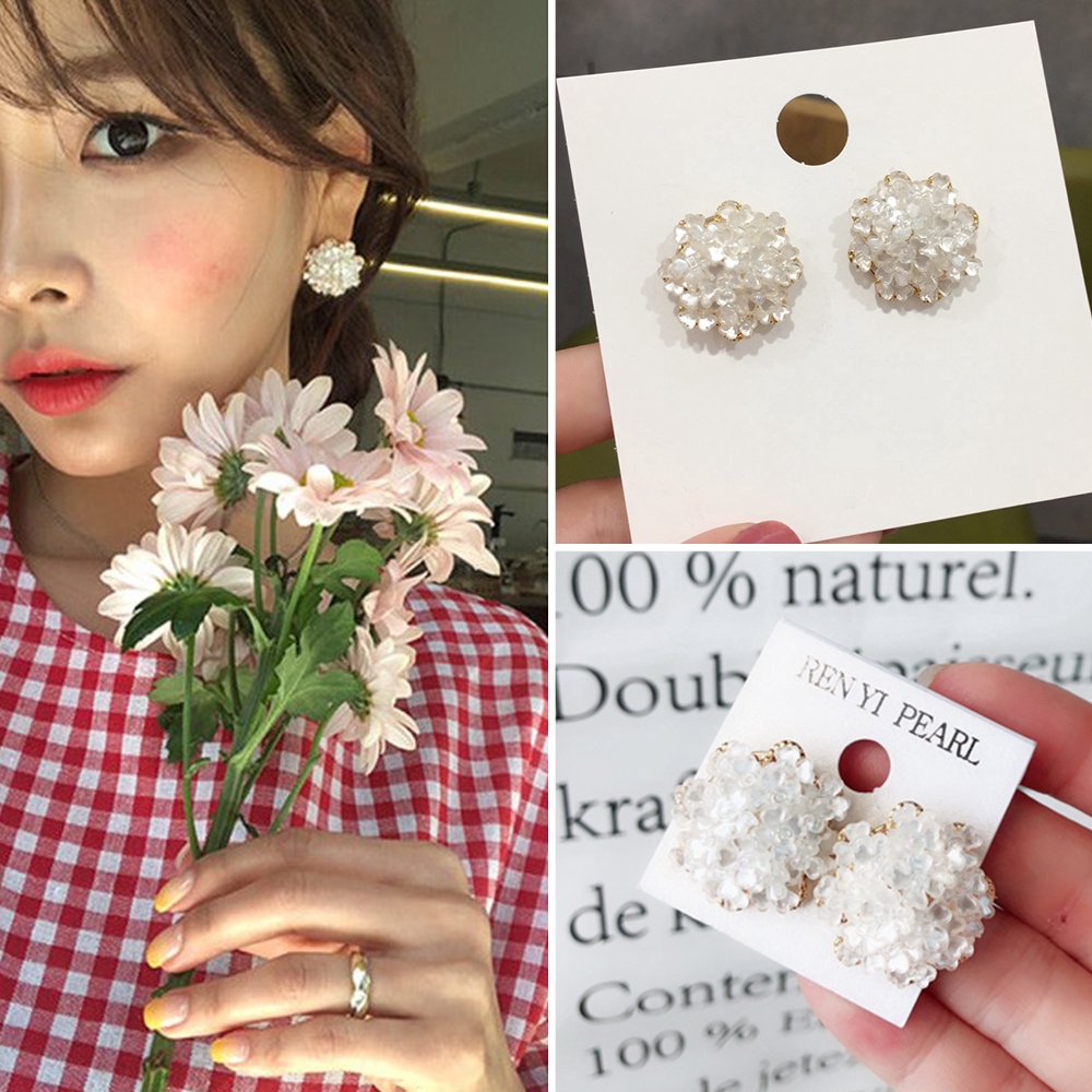 Anting Tusuk Gantung Desain Hati Bunga Mutiara Lucu Gaya Korea