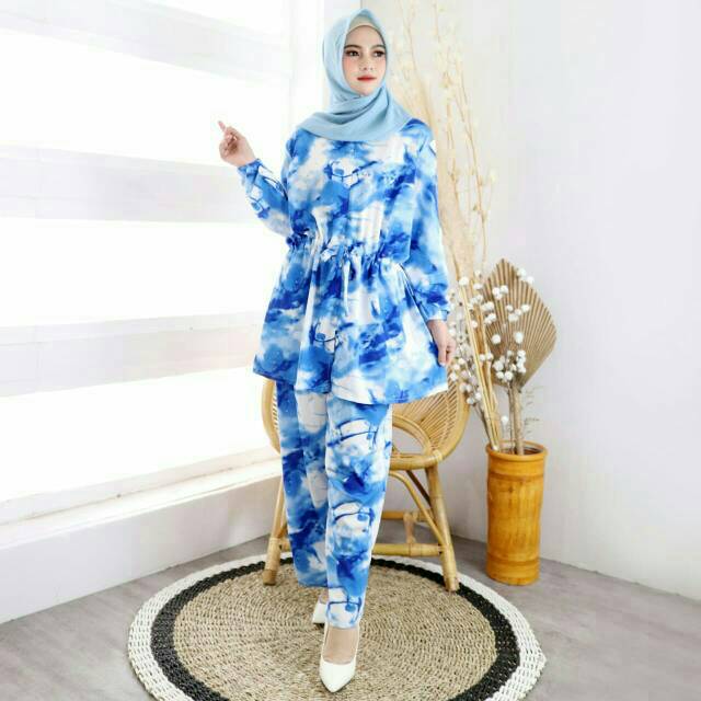 baju setelan celana dan tunik motif cantik/setcel Busui/setcel jumbo/bahan maxmara Lux premium impor