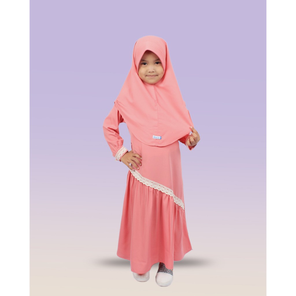 Salim Moslem-Busana Muslim/Gamis Anak Syari Renda Set Kerudung Jilbab Wolfis/toyobo Usia 1-10TH