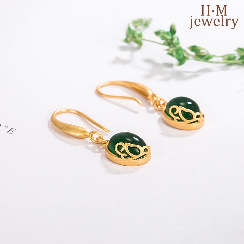 Anting Stud Giok Hetian Jasper Gaya Retro Perancis Untuk Wanita