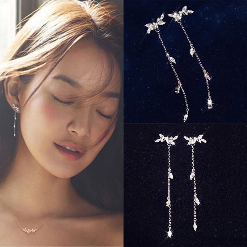 [FULLのJY] Women Long Korean Style Tassel Leaves Ear Stud Drop Dangle Hook Earrings