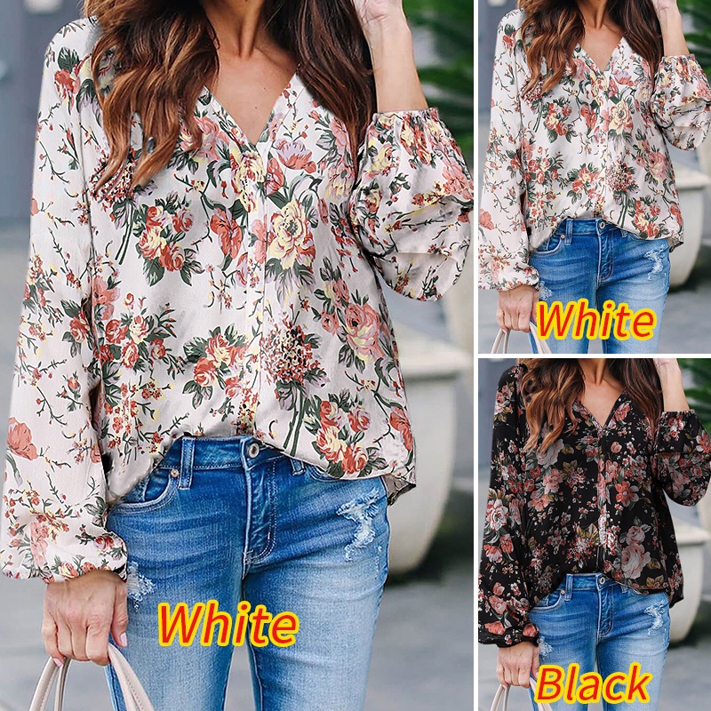 ZANZEA Womens Long Sleeved V Neck Floral Printed  Casual Blouse