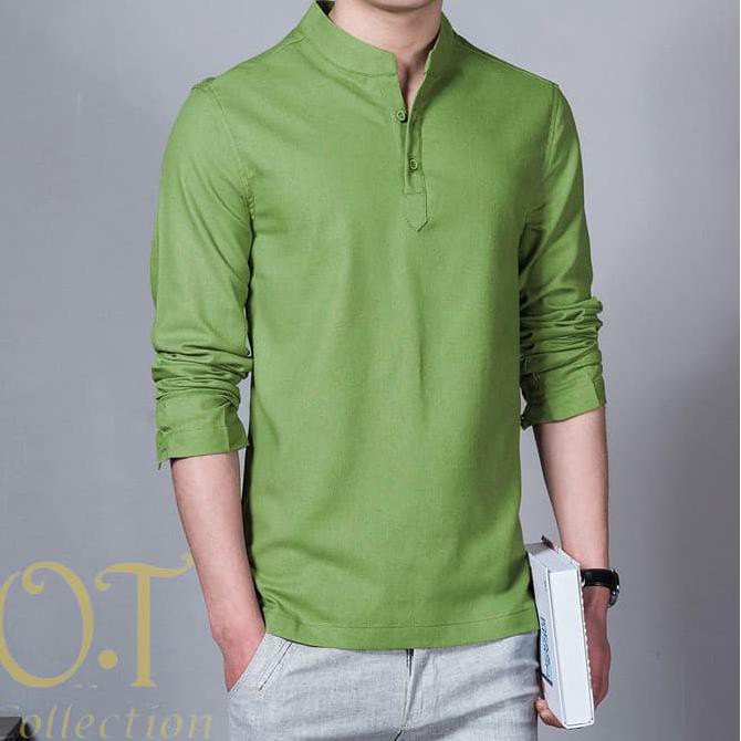 Terlaris  Koko Hamish Green Ot Baju Koko Pria Katun Twill Lengan Panjang Hijau - Hijau Muda, S New