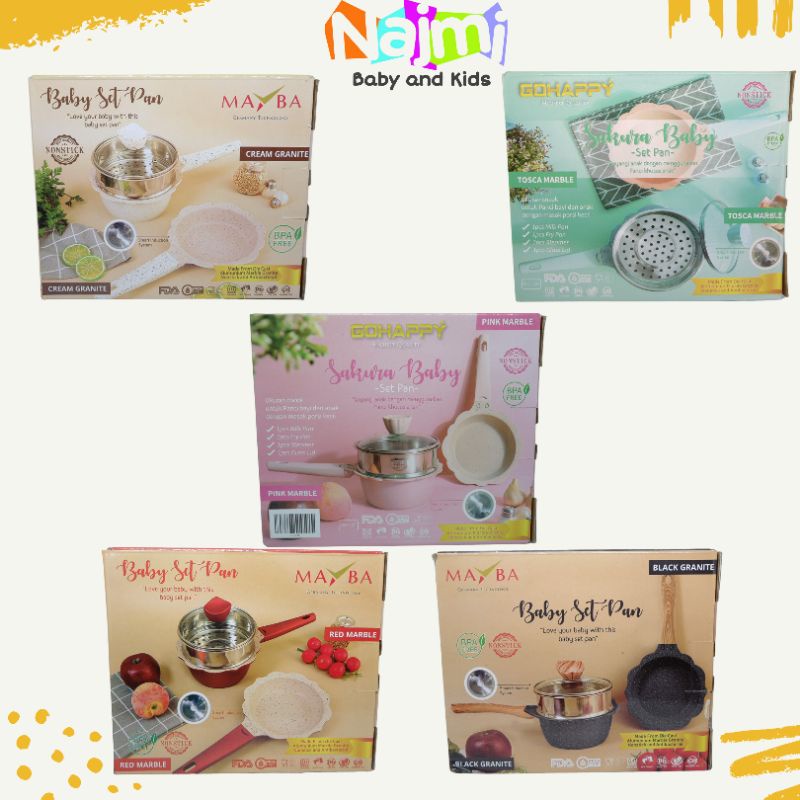 Go Happy Mayba Flower Set Sakura Baby Milk Pan / Panci Kukus Makanan Bayi Marble Granite