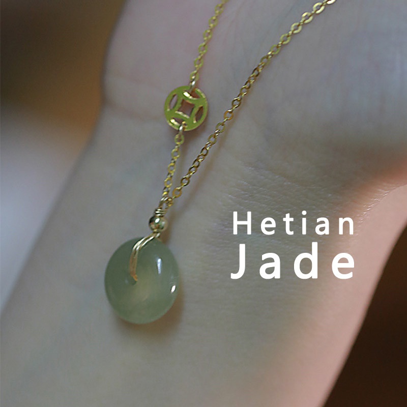 Kalung Rantai Dengan Liontin Batu Giok Hetian Natural Anti Alergi Untuk Wanita