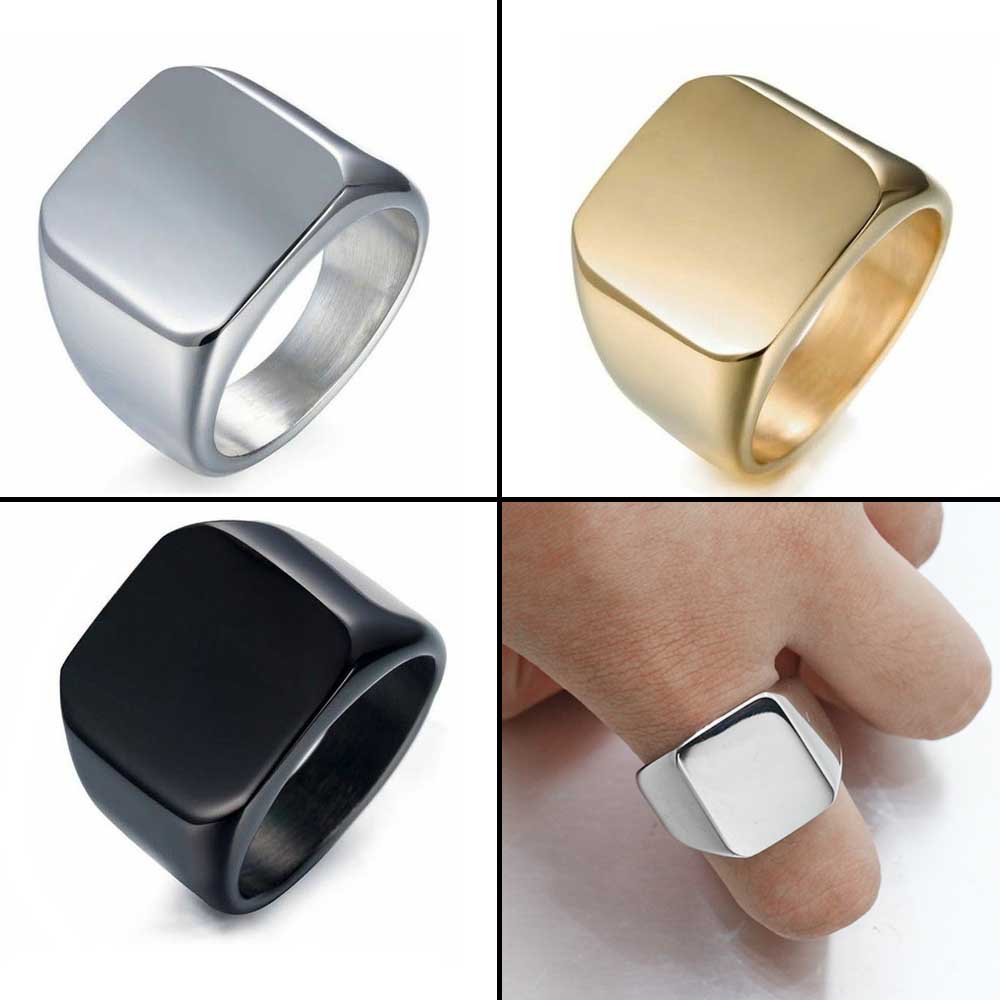 Cincin Pria Baja Titanium Persegi Fashion Emas Perak Hitam Dipoles Punk Rings