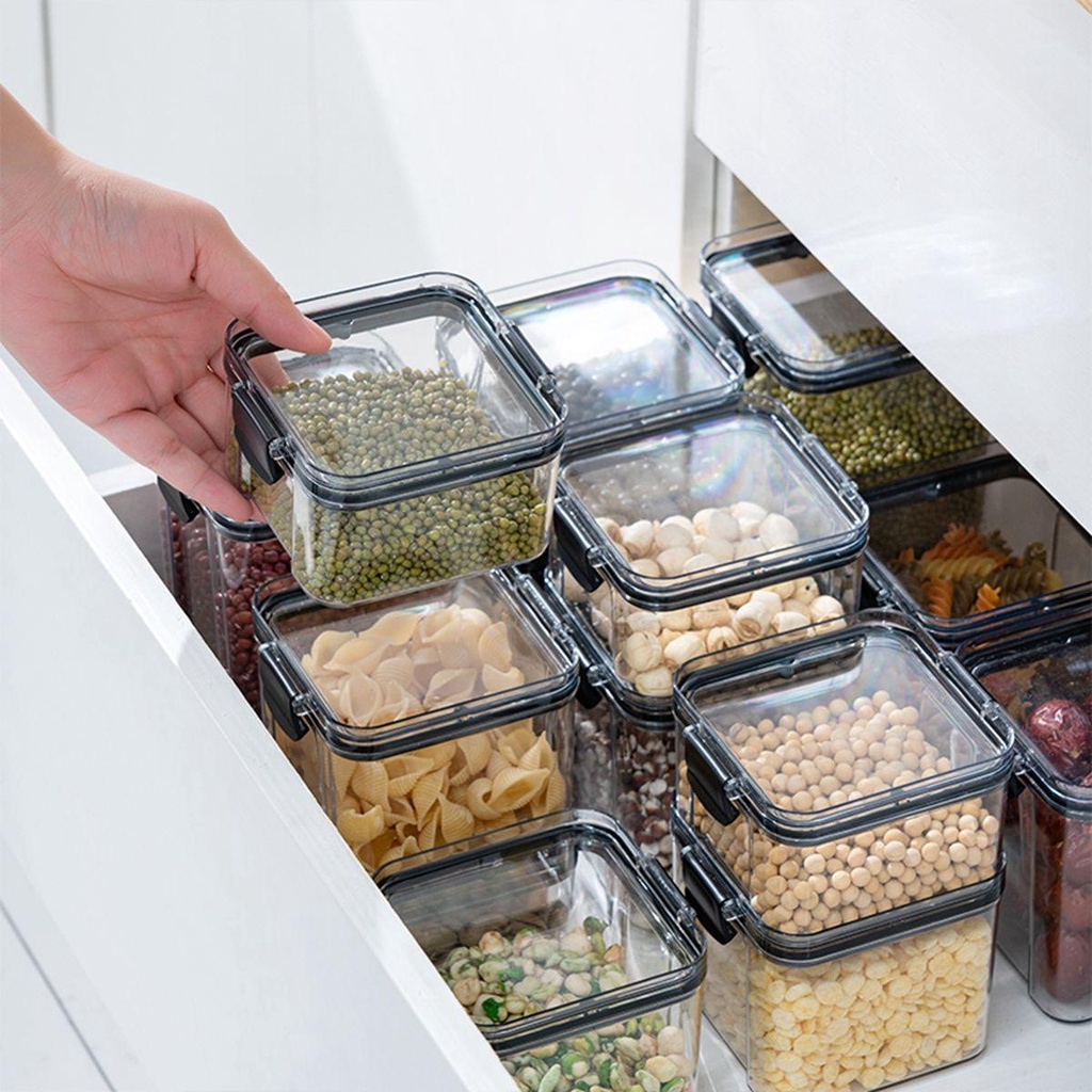 [Elegan] Food Canister Kitchen Grain Kedap Udara Stackable Dengan Tutup Plastik Organizer Kaleng Tetap Segar Toples