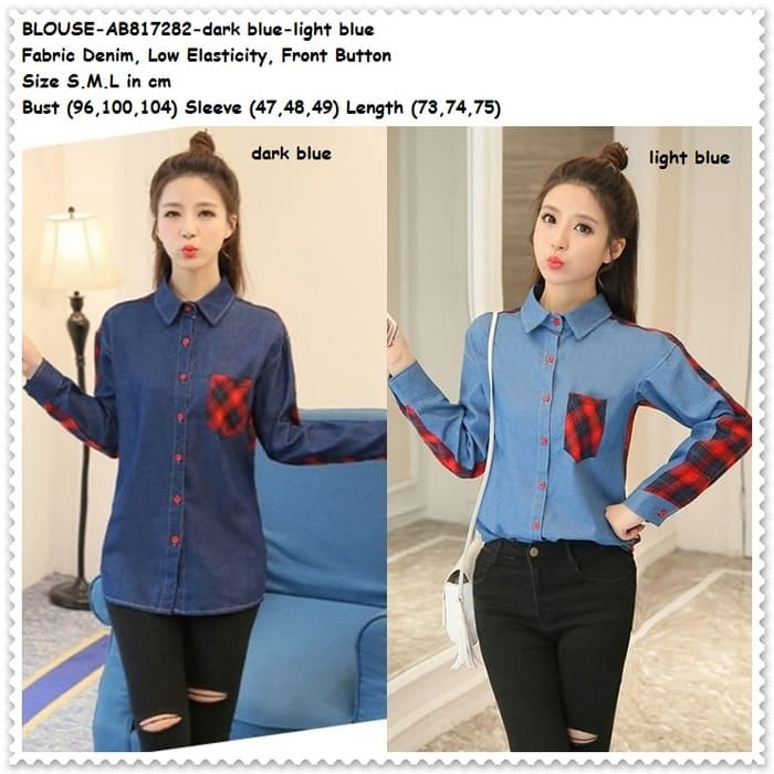 Baju Atasan Denim Kotak Tartan Kemeja Tunik Blouse Wanita Korea Import BEST.