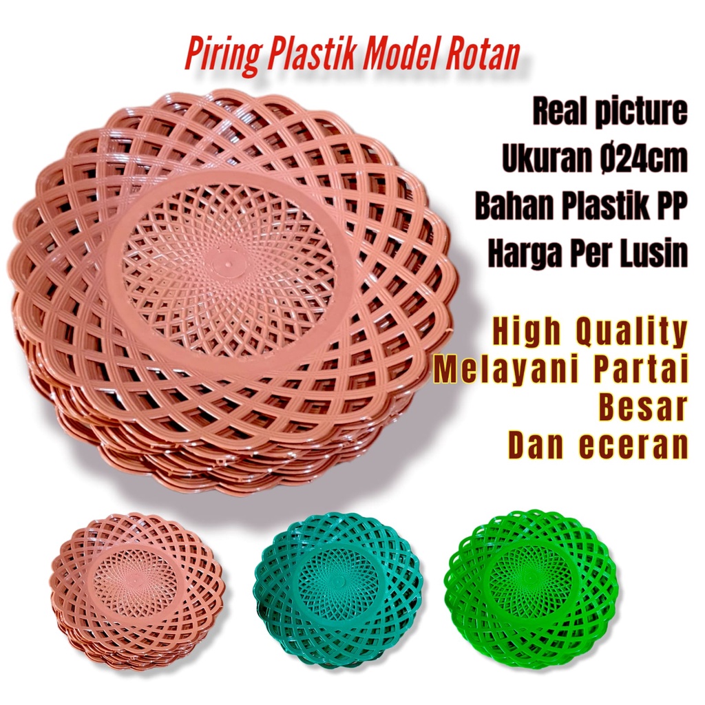 Piring plastik rotan lusinan 12pcs coklat