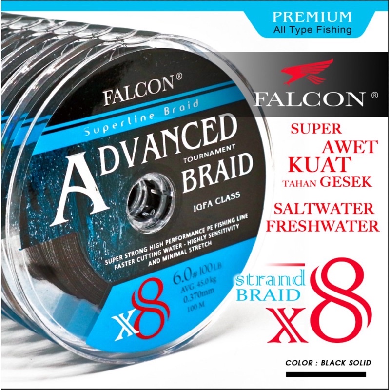 Senar PE Falcon Advanced x8 IGFA solid black dan multicolour 100m connecting