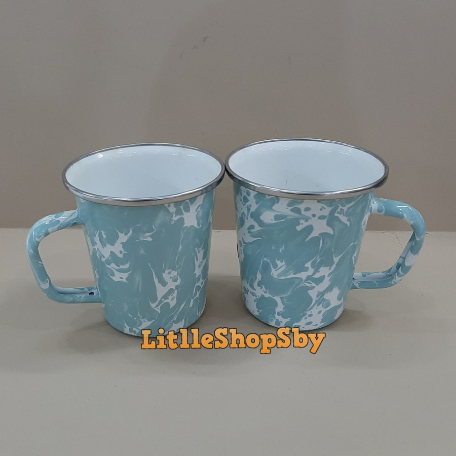 Latte Mug Cangkir Enamel Biru Hijau Tosca Loreng Blirik