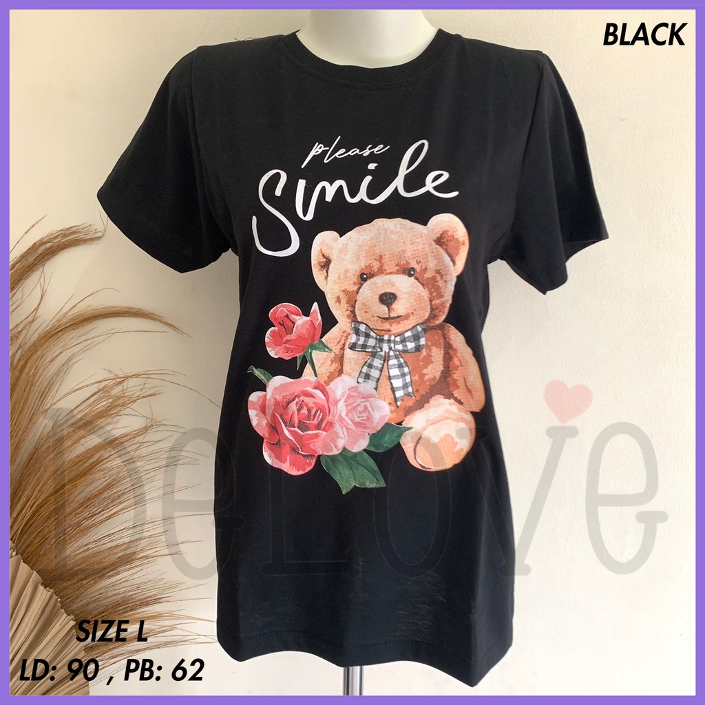 DeLoved  - Kaos Tshirt Tee Atasan Baju Wanita Terbaru Motif Printing Beruang Smile Bear ootd size L 