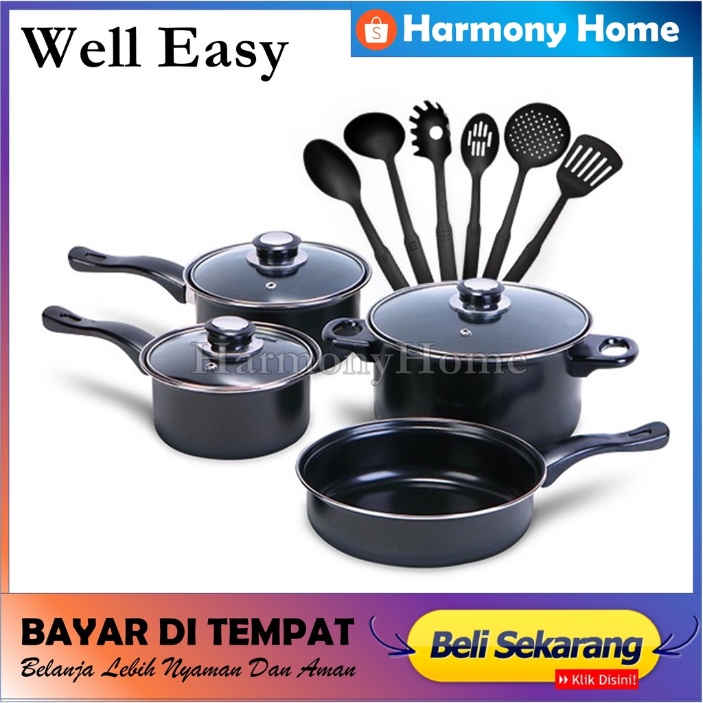 Panci Teflon Set 3 In 1 Well Easy 13 Pic /Peralatan masak Well Easy 13 Pic + Tutup Kaca Wajan Set All in One Serbaguna - Terbaru