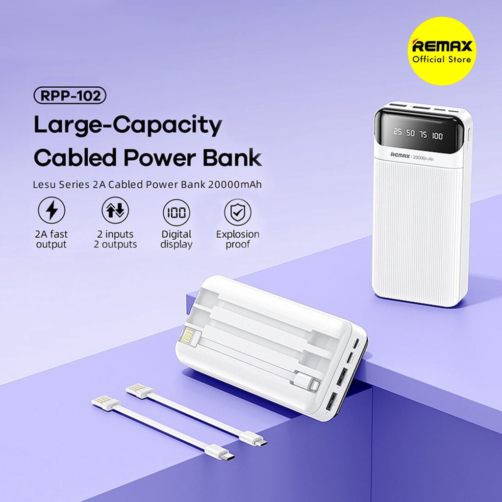 Remax Lesu RPP-102 Power Bank 20000mAh Dual Port 2A With Cable 3in1 Original