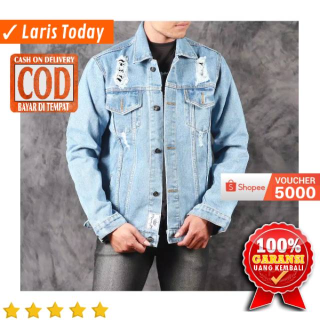 JAKET JEANS PRIA DENIM LEVIS SOBEK ROBEK RIPPED JACKET COWOK DISTRO BANDUNG