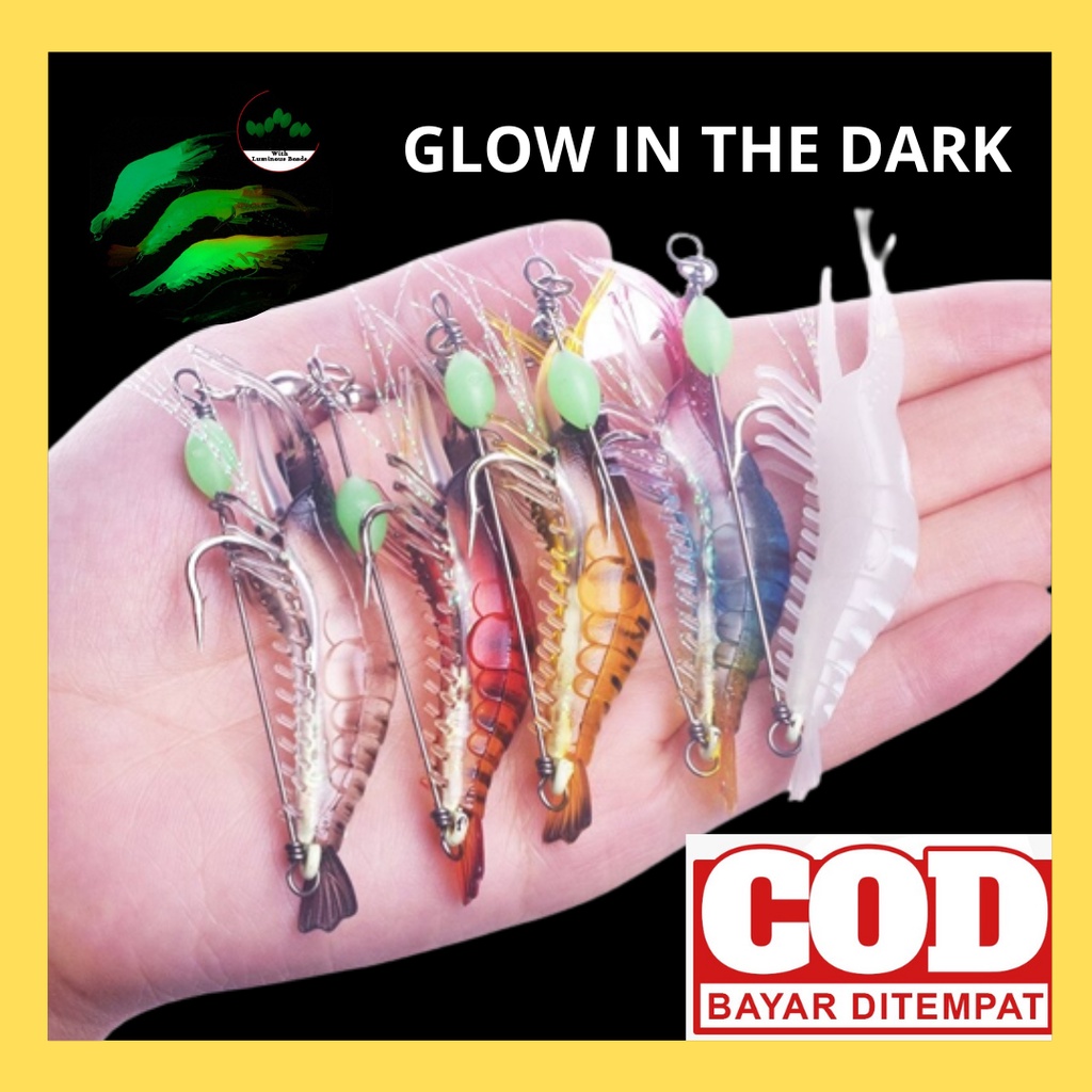 Umpan Mancing Pancing Tiruan Imitasi Mirip Udang Hidup Soft Bait Lure Menyala Di dalam Gelap Dengan 