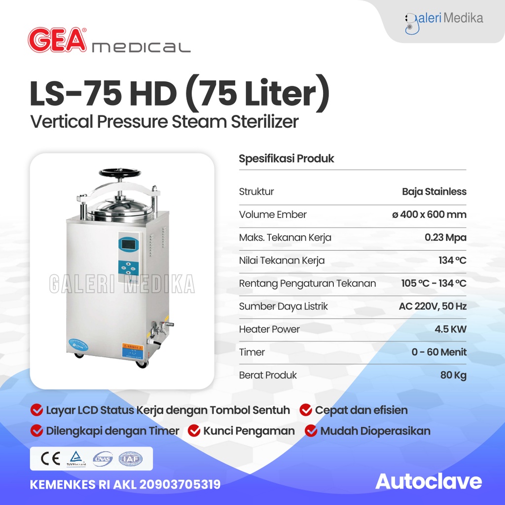 Autoclave GEA LS-75HD Pressure Steam Sterilizer LCD Display Dengan Timer