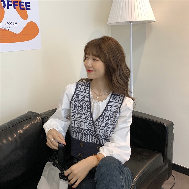 Rompi Tanpa Lengan Korea Tanpa Lengan V-neck Jaket Kotak-kotak Rajut Wanita Sweater Rompi