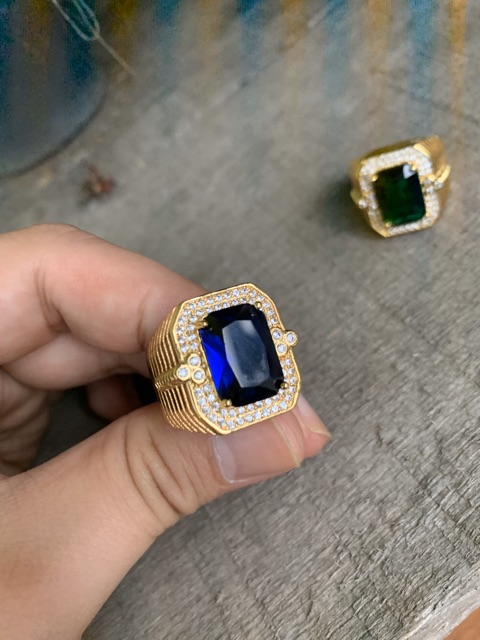 Cincin Pria Luxury Safir Biru Ring Gold Filled Terpadu Mewah Berkelas