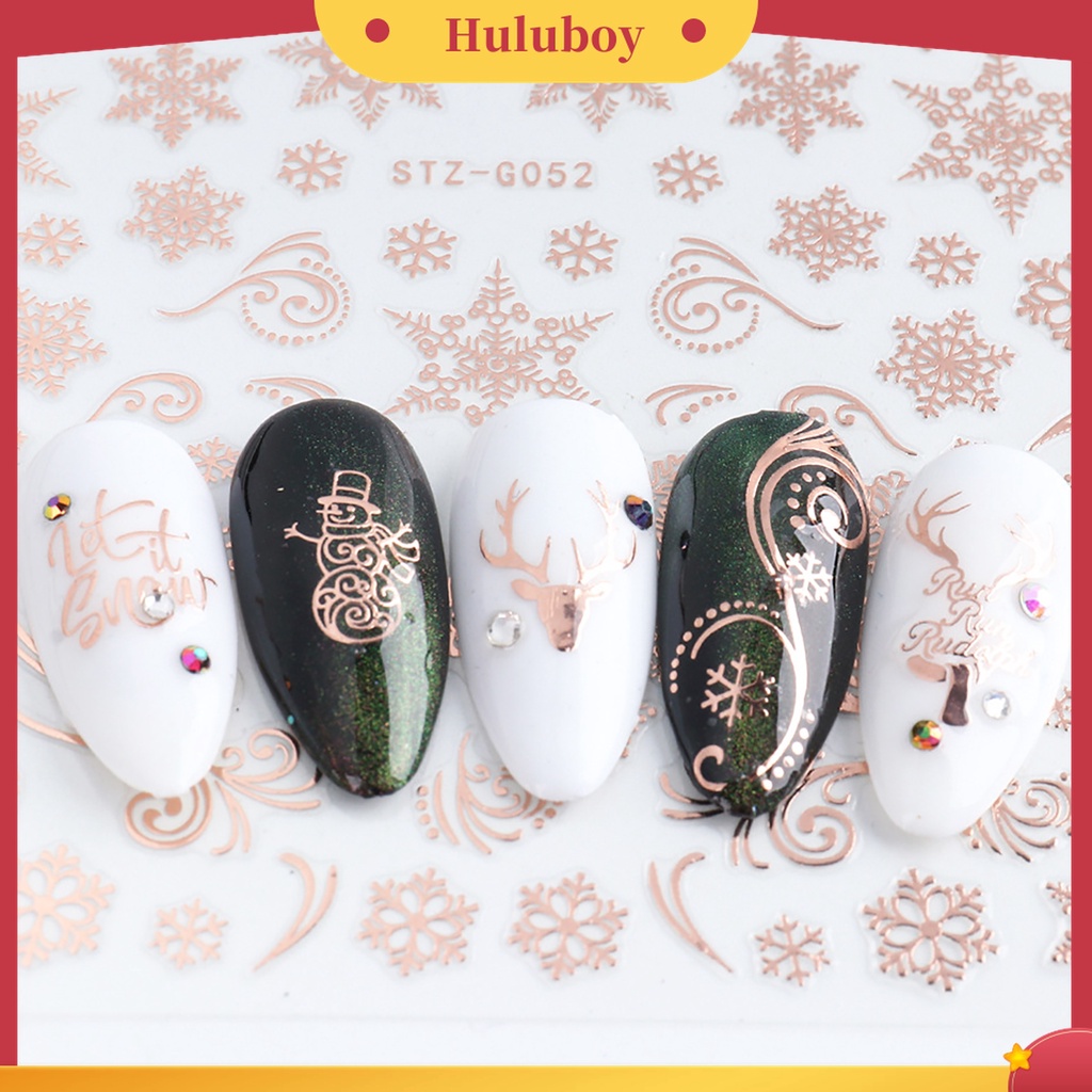 Huluboy Huluboy♡ 3pcs Stiker Kuku Motif Snowflake / Rusa Natal Warna Rose Gold Untuk Dekorasi Manicure