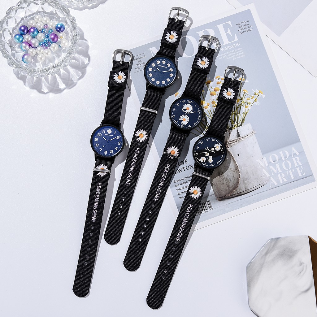 ✅COD Jam Tangan Wanita Quartz Analog Motif Bunga Daisy Bahan Nilon Kanvas Untuk Wanita Watch
