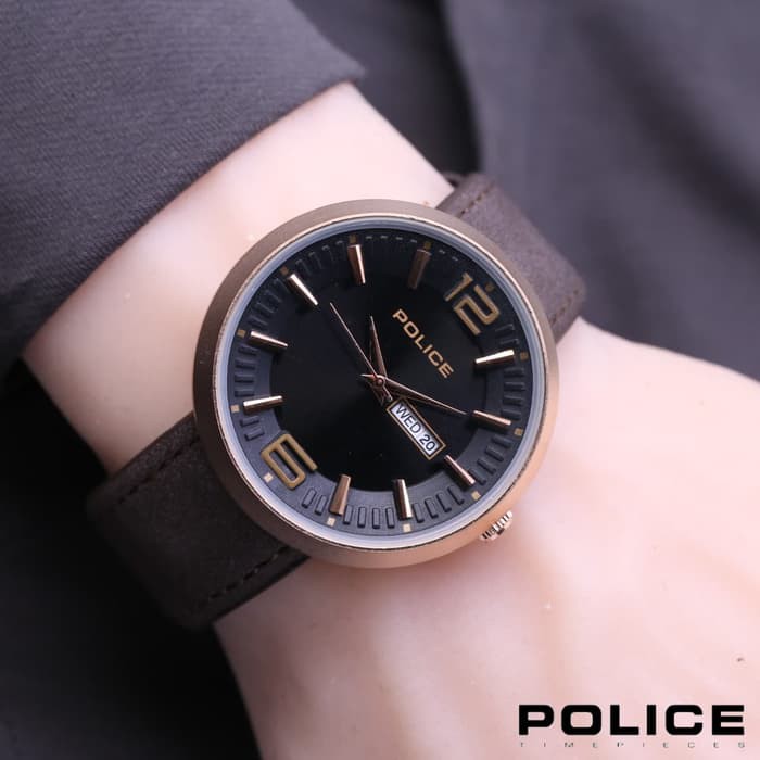 JAM TANGAN PRIA POLICE KULIT TANGGAL HARI BLACK ROSEGOLD