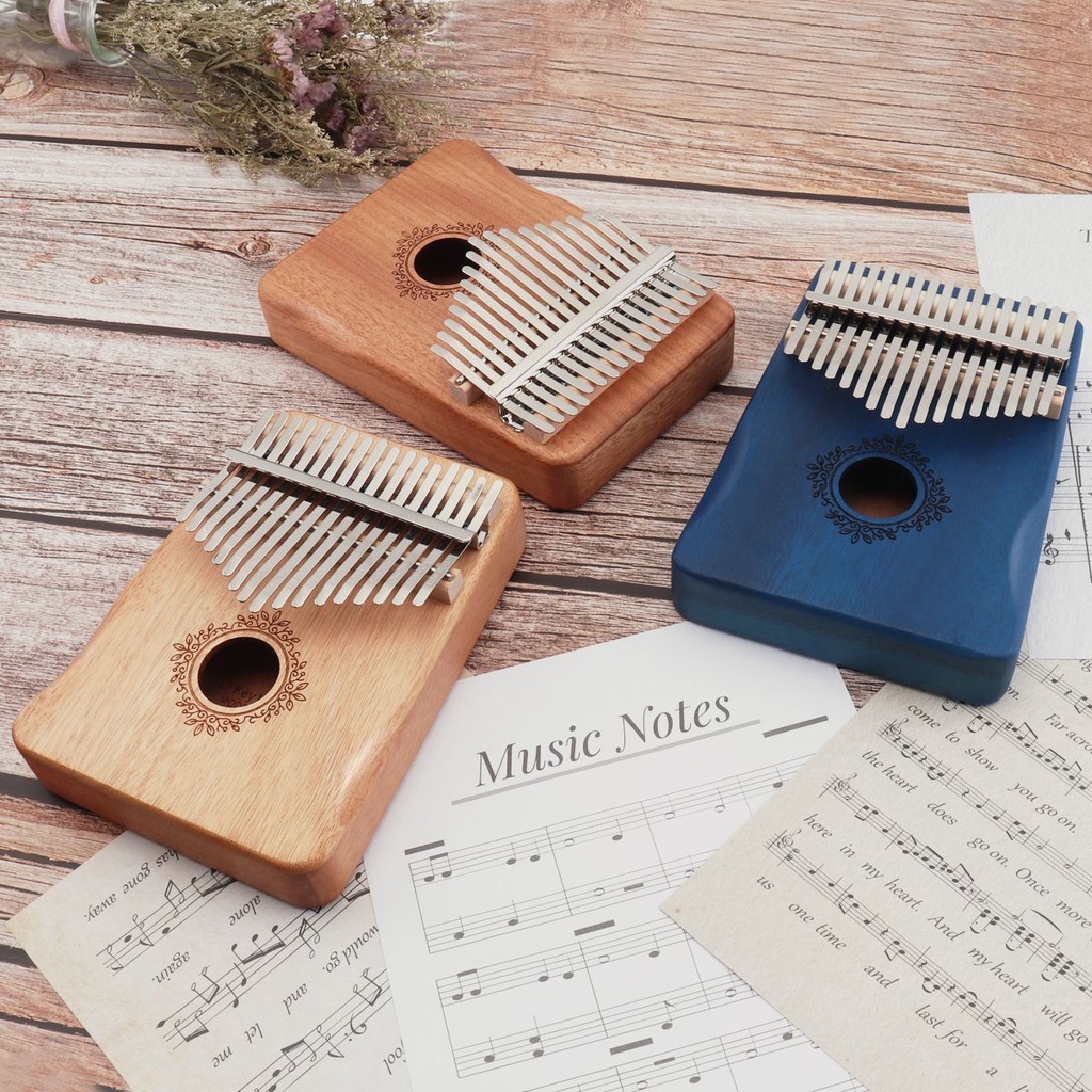 Piano Jari Kalimba 17 Kunci Bahan Kayu Mahoni Dengan Pelindung Tangan Mbira Biru / Retro