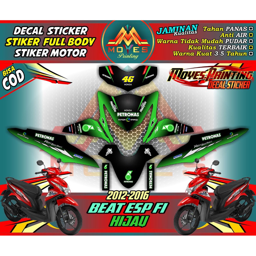 Sticker Motor Beat fi Old Petronas Hijau 2014 2015 2016 fullbody-Dekal Stiker Honda Beat Spec B