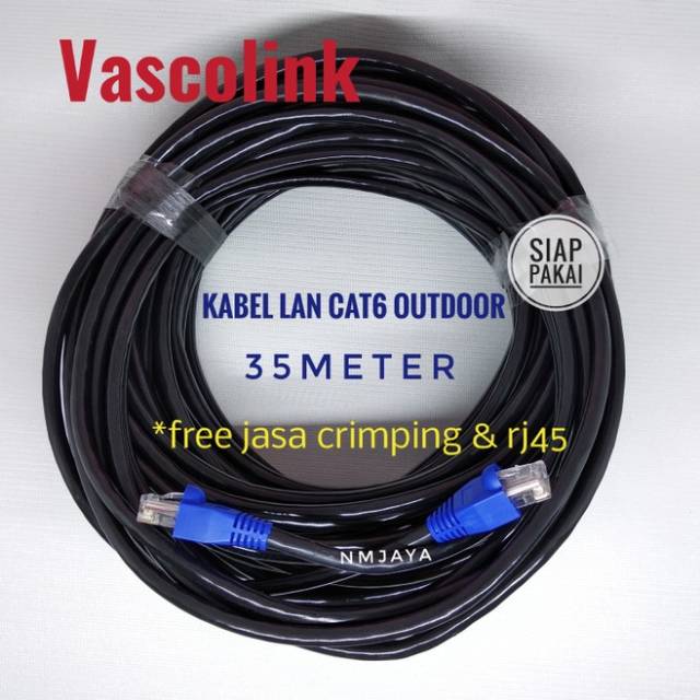 Kabel Lan Outdoor 35 Meter FTP CAT6 Siap Pakai sudah dicrimping rj45 besi dan plugbooth Vascolink Warna Hitam