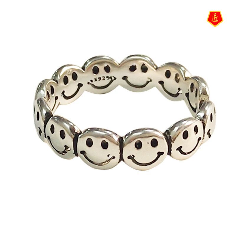 [Ready Stock]Retro S925 Silver Smiley Ring Ins Trendy Niche Hip Hop