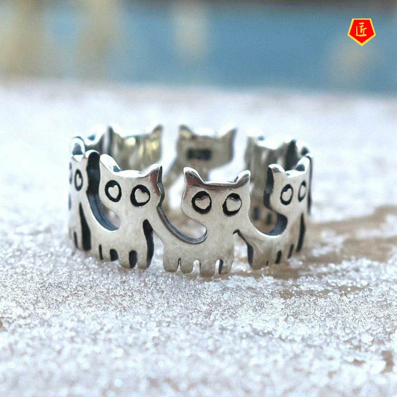 [Ready Stock]S925 Silver Retro Cute Kitten Ring