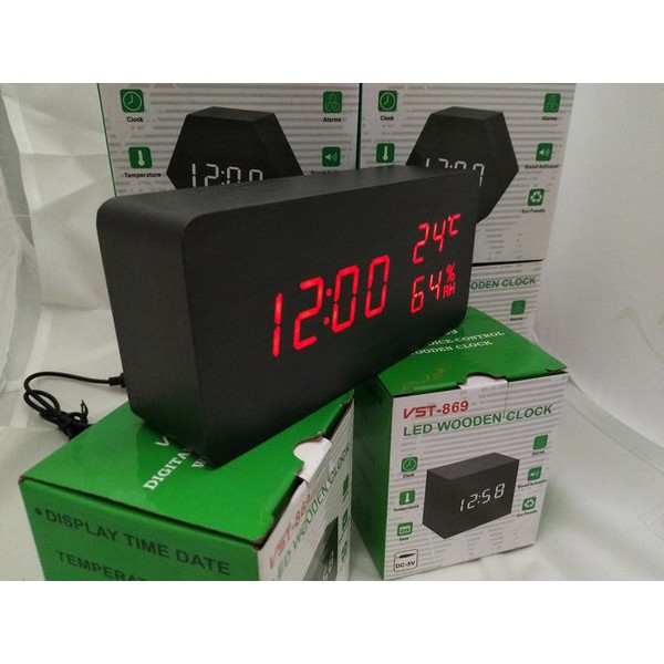 Jam Meja Digital Led Weker Digital Wood Alarm Clock 010 black red