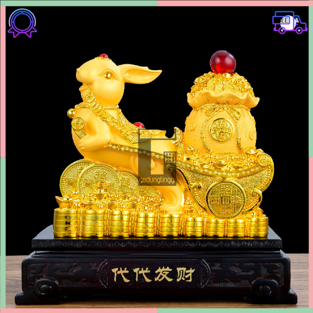 Pajangan Patung Hiasan Dekorasi Kado Hadiah Imlek Sincia Feng Shui Shio Sio Sheshio Hewan 12 Animal Zodiak Bintang Rabbit Rejeki Keberuntungan Fengshui Tahun Baru Cina Sio Kelinci Yenpao Yuanbao Kantong Uang Duit 2023 Gold Emas Kuningan Doff Besar Jumbo