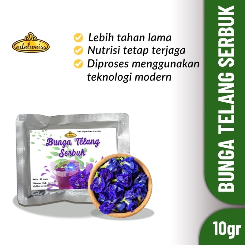 Edelweiss Bunga Telang Serbuk Murni tanpa Campuran 100% Organik isi 10gr untuk Pewarna Makanan Alami