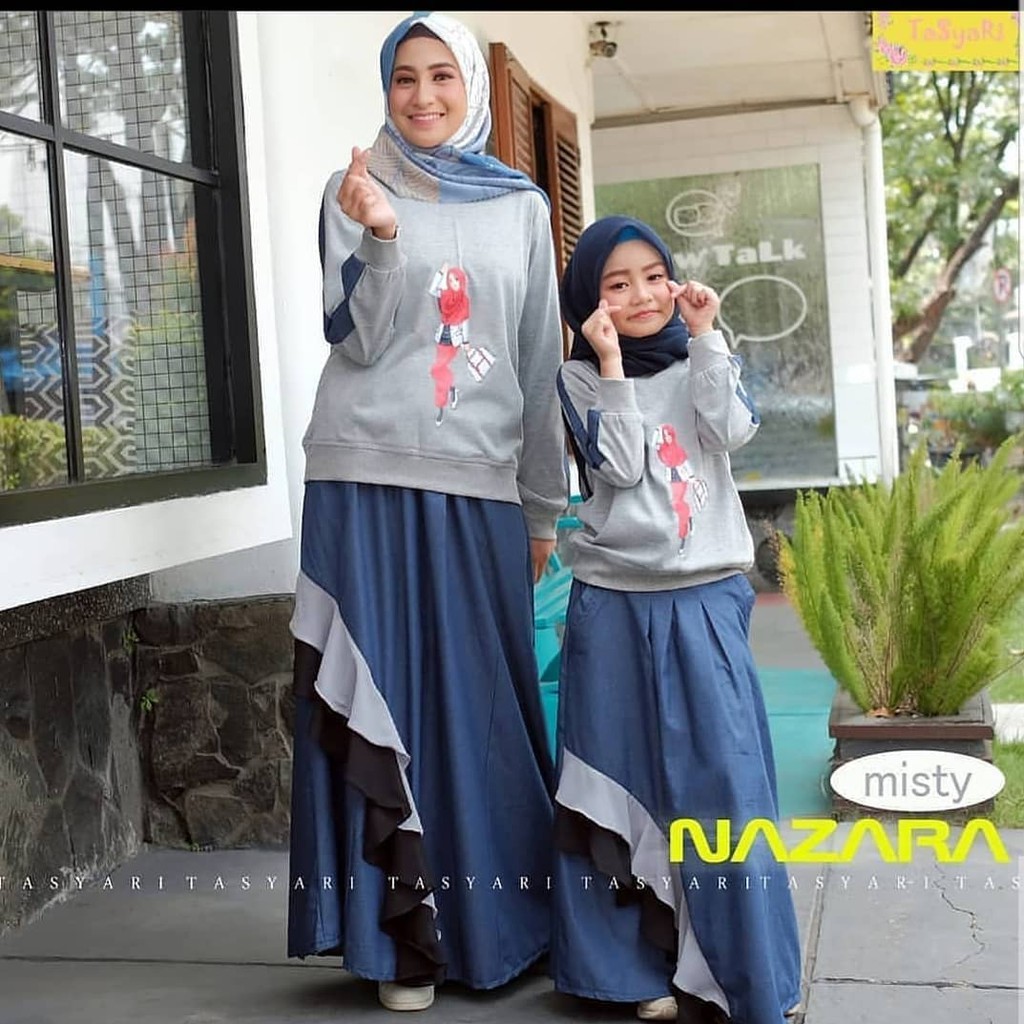 Nazara Set Couple Mc Atasan Combad Rok Denim Baju Setelan Ibu Dan