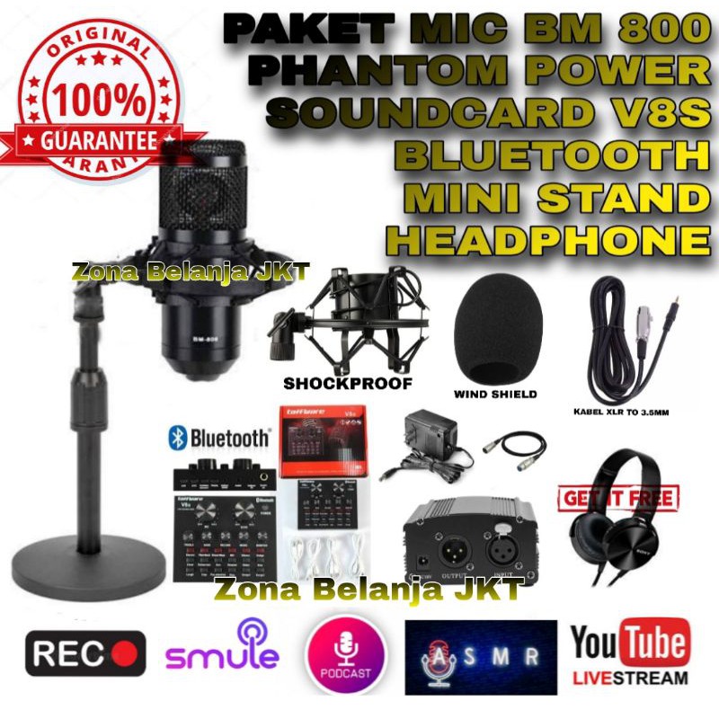 PAKET MIC CONDENSER BM800 BM 800 SOUNDCARD V8S PHANTOM POWER 48V LIVE RECORDING