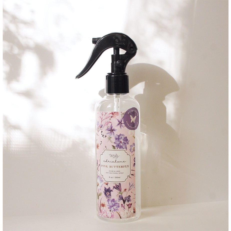 Edriahome Room and Linen Spray Pink Butterfly 250 ML/ Spring in Provence Series/ Anti Bacterial/ Multipurpose Room and Pillow Spray / Fabric Spray / Bed Spray /  Pillow Spray /  Laundry Spray / Odor Eliminator / Pengharum Ruangan dan Kain