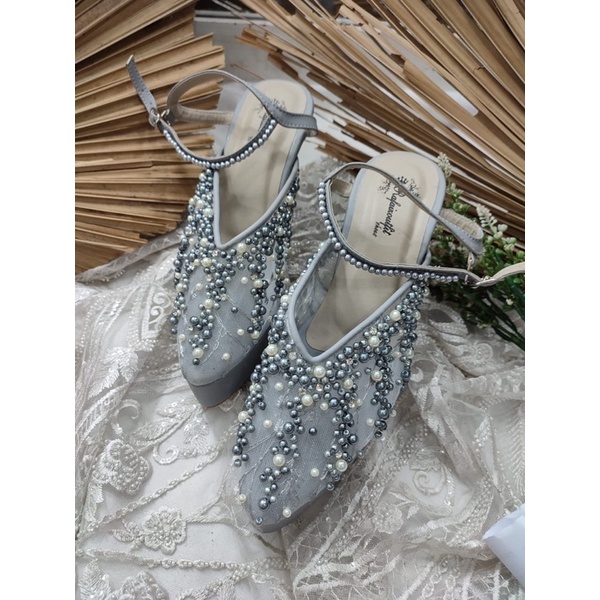 sepatu wedding wanita kiasya grey tali 10cm tahu