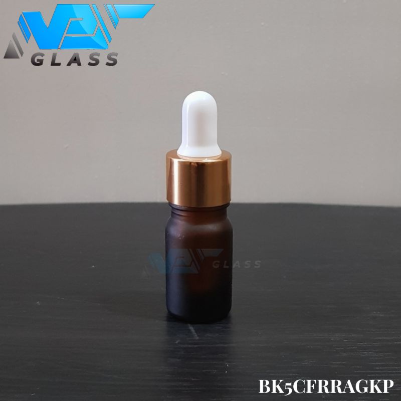 botol kaca pipet 5ml coklat amber doff / frosted - ring almunium gold