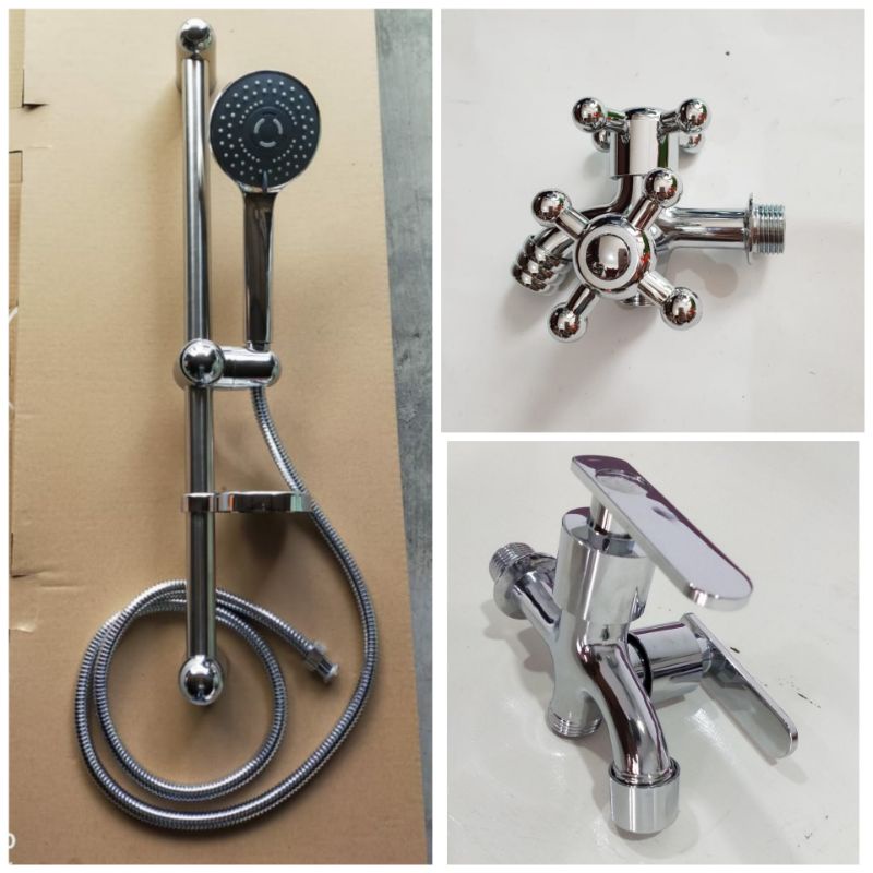 Hand Shower Tiang Standing + Keran Kran Cabang Double 2 Lobang Kamar Mandi Set Komplit Murah