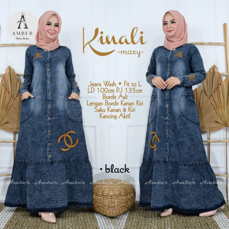 KINALI Gamis Cantik Model Kekinian Bordir asli jeans size L LD 100cm