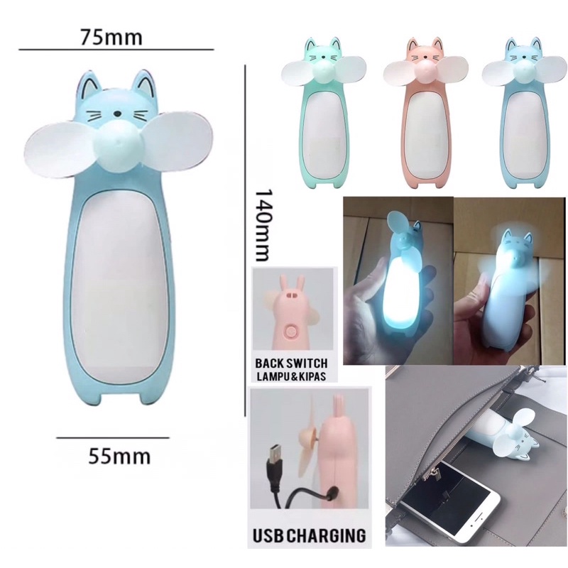 Kipas Angin Rabbit LED + Tali Gantungan Portable Traveling