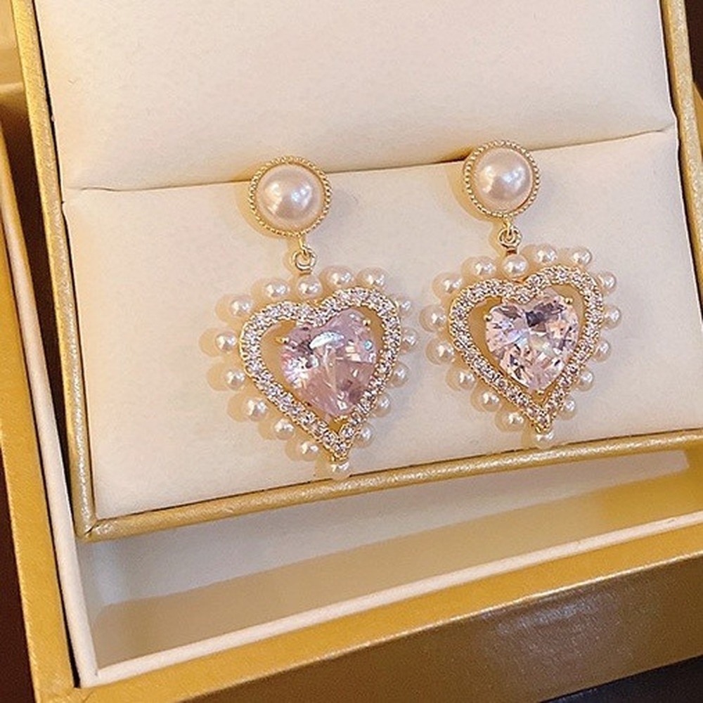Anting Tusuk Gantung Temperament Desain Hati Hias Zirconmutiara Gaya Retrobarok Cantik Untuk Wanita