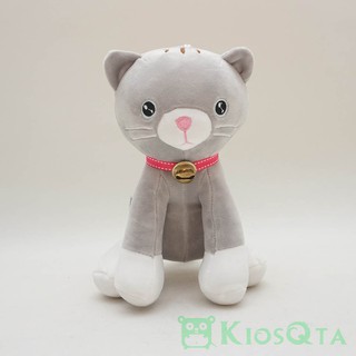  boneka  kucing  duduk sitting cat lonceng bahan spandex abu  