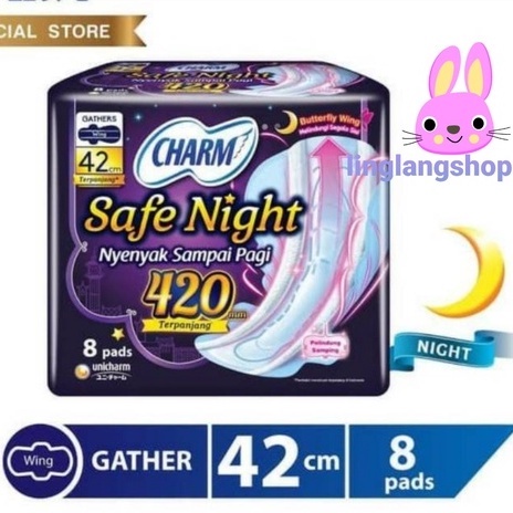 CHARM safe Night ( 42CM ISI 8 pads wing ) GATHERS pembalut wanita (no.40)