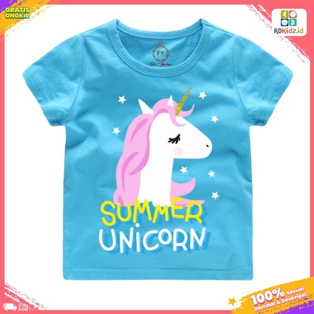 Rdkidzid Atasan Anak Perempuan Baju Kaos Anak Cewek Motif Smile Unicorn Biru