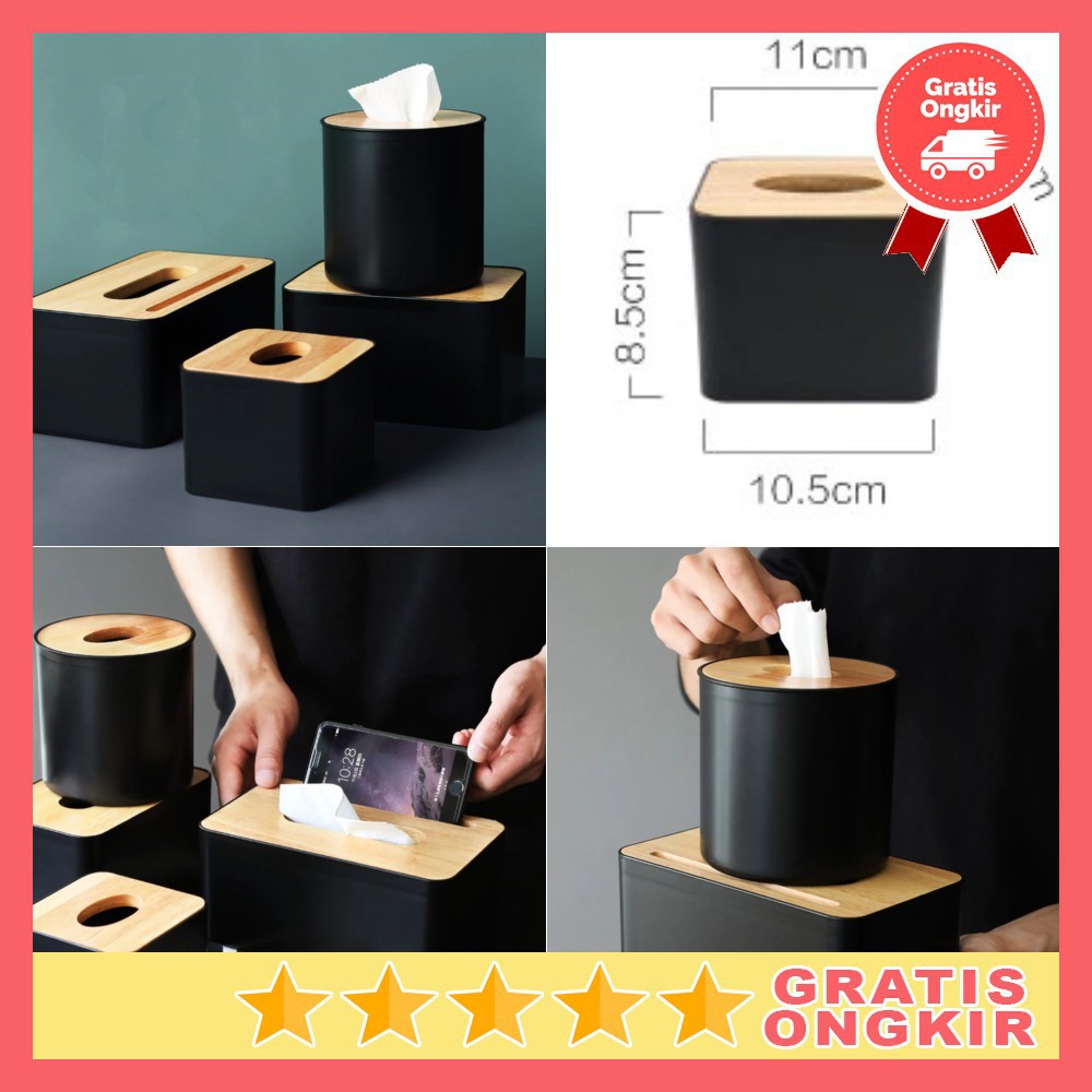 Grab Medan Kotak Tisu Kayu Multifungsi Model Kotak 10.5x11x8.5cm YANZ ZJ003 - Black