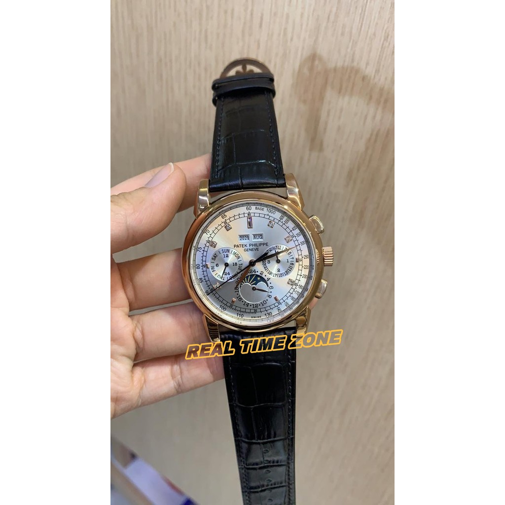 JAM TANGAN REAL PATEK PHILIP LEATHER 58152 BLACK WHITE ROSE GARANSI 1TH