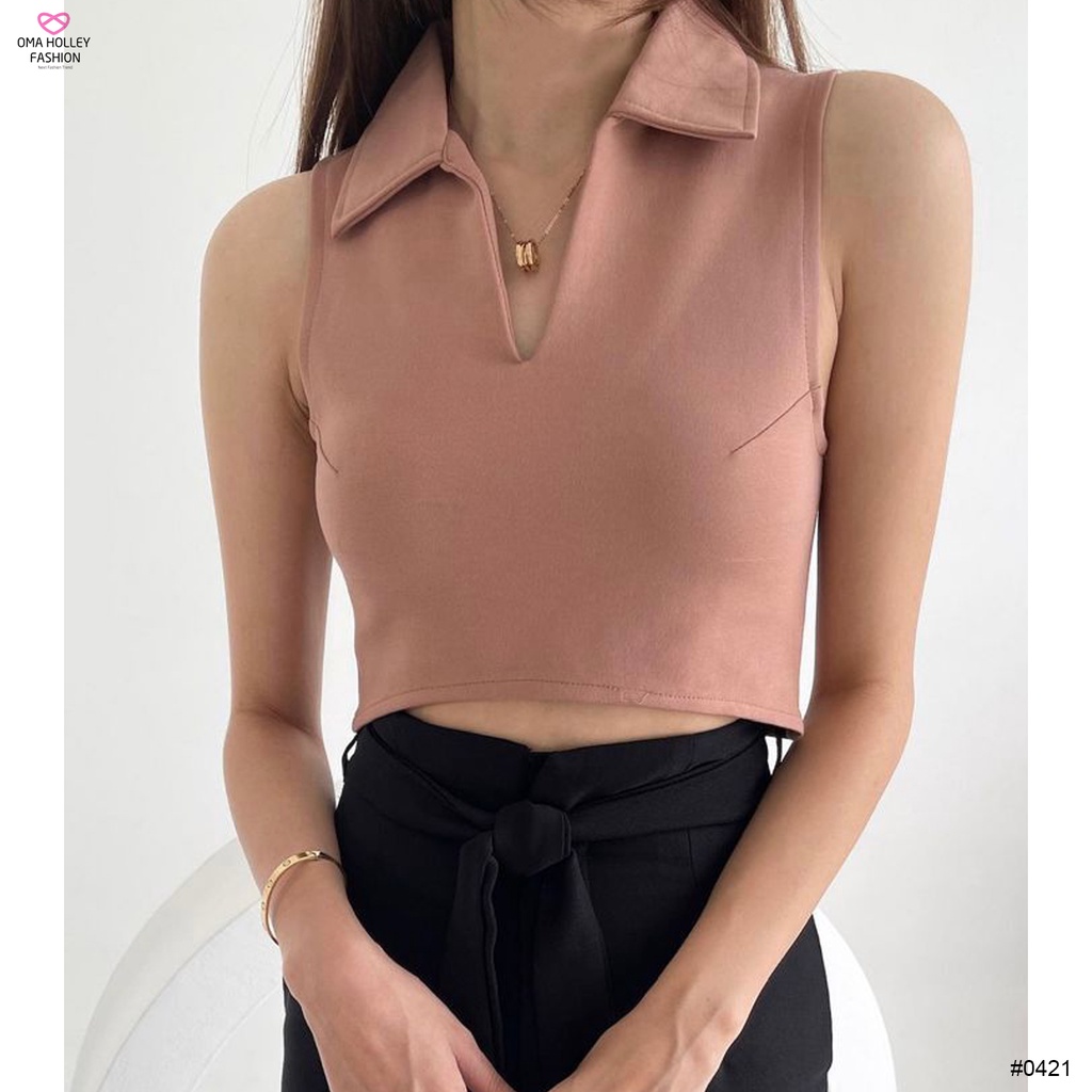 (COD) OH Fashion Vega Polo Crop Tee Tanpa Lengan #0421